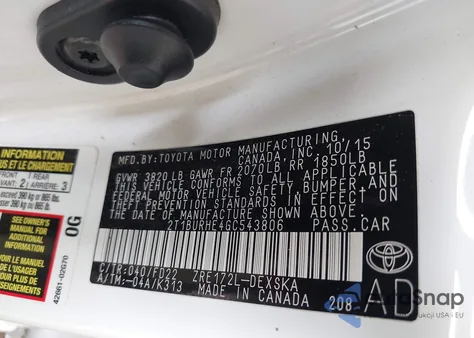 2016 Toyota Corolla S z USA, uszkodzony, nr VIN 2T1BURHE4GC543806